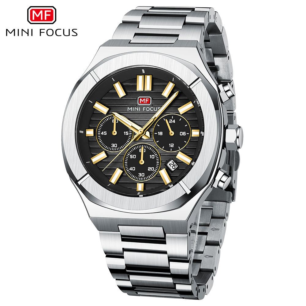 Mini Focus Silver Stainless Steel Black Dial Chronograph Quartz Watch for Gents - MF0612G-04