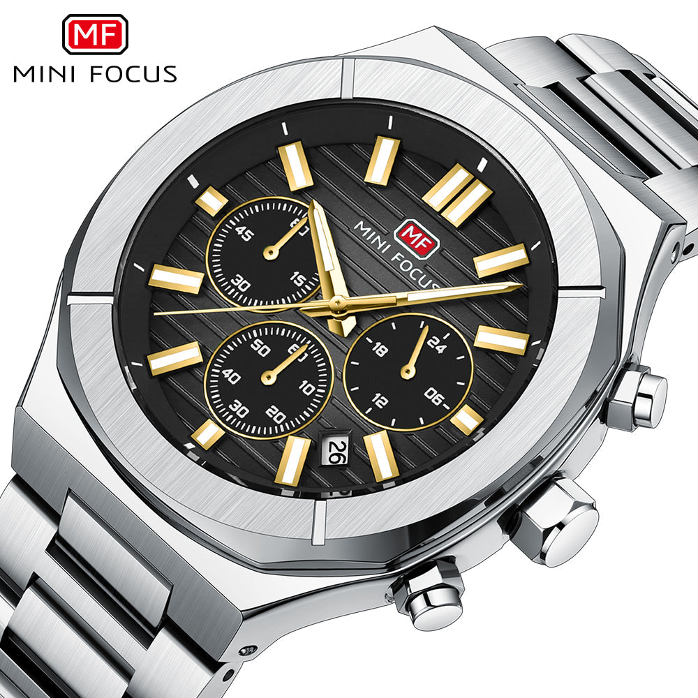 Mini Focus Silver Stainless Steel Black Dial Chronograph Quartz Watch for Gents - MF0612G-04