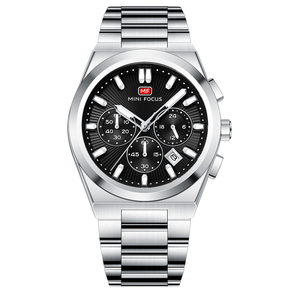 Mini Focus Silver Stainless Steel Black Dial Chronograph Quartz Watch for Gents - MF0614G-01