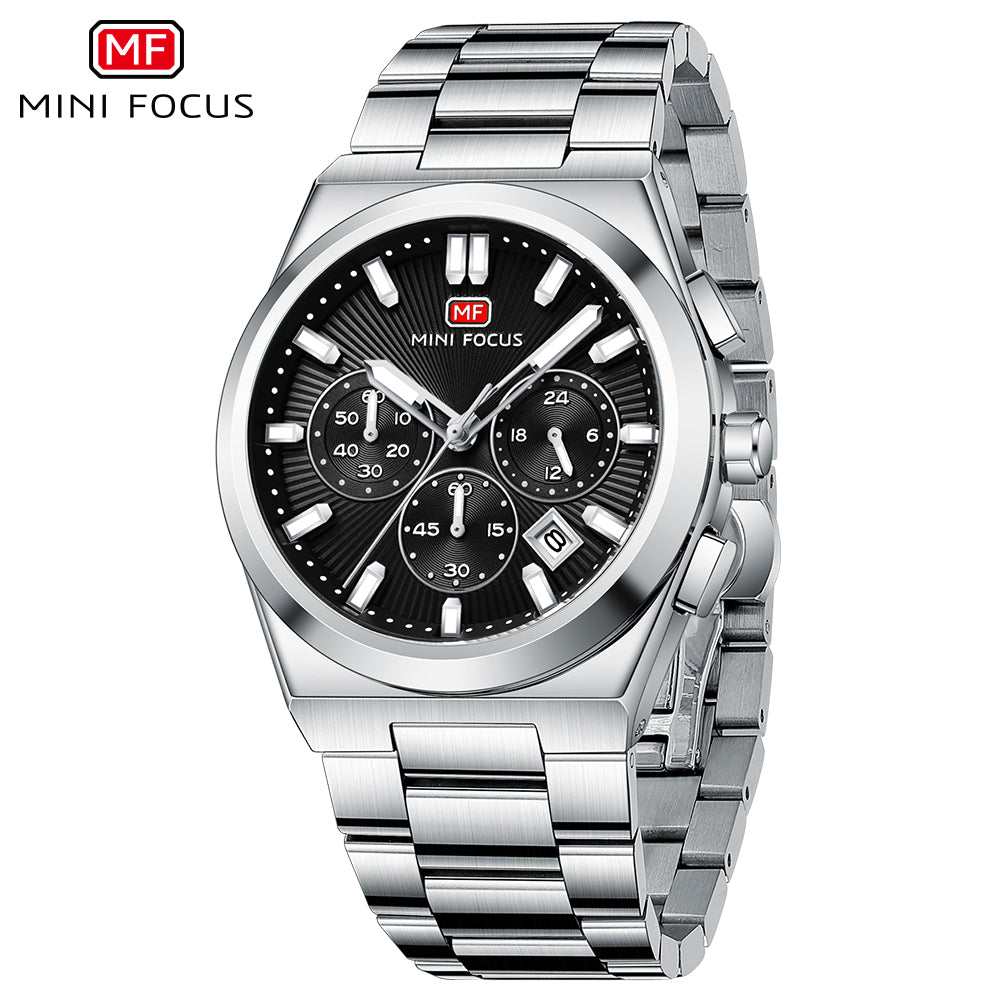 Mini Focus Silver Stainless Steel Black Dial Chronograph Quartz Watch for Gents - MF0614G-01