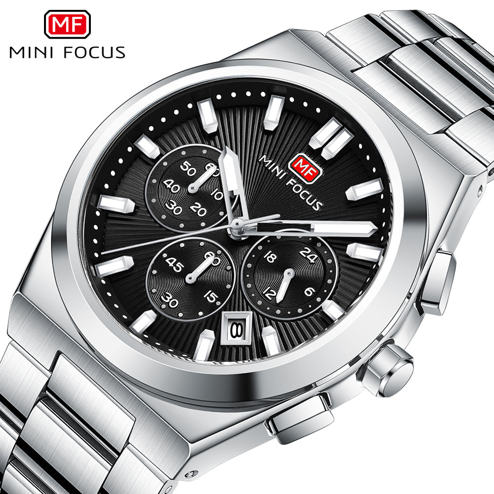 Mini Focus Silver Stainless Steel Black Dial Chronograph Quartz Watch for Gents - MF0614G-01