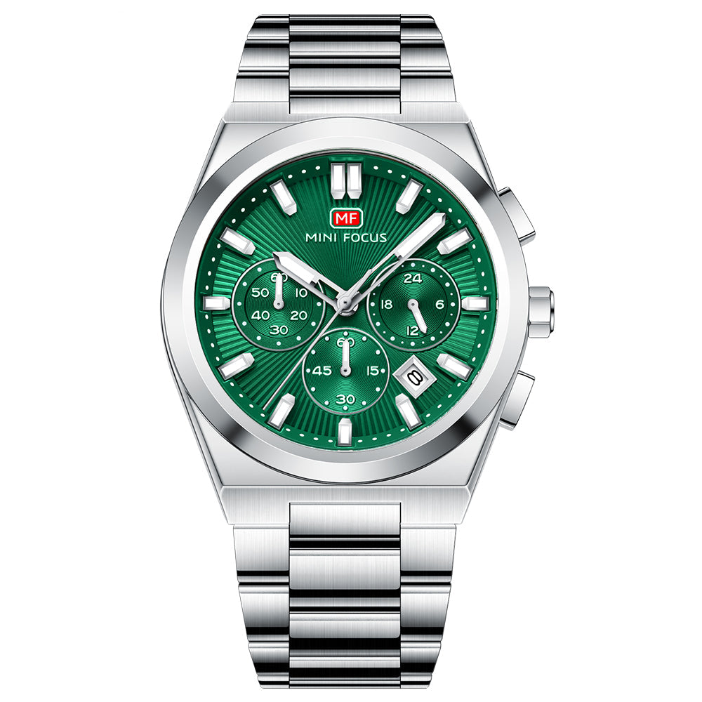 Mini Focus Silver Stainless Steel Green Dial Chronograph Quartz Watch for Gents - MF0614G-02