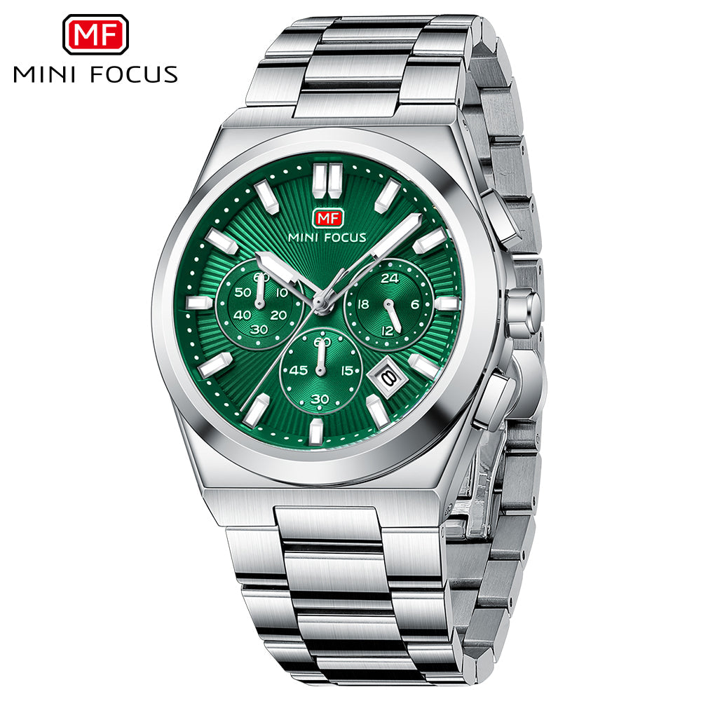 Mini Focus Silver Stainless Steel Green Dial Chronograph Quartz Watch for Gents - MF0614G-02