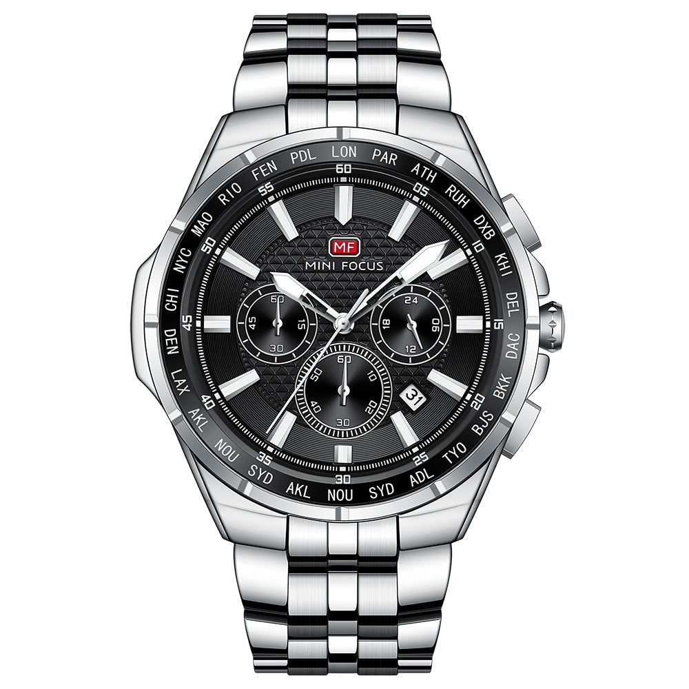 Mini Focus Silver Stainless Steel Black Dial Chronograph Quartz Watch for Gents - MF0613G-01