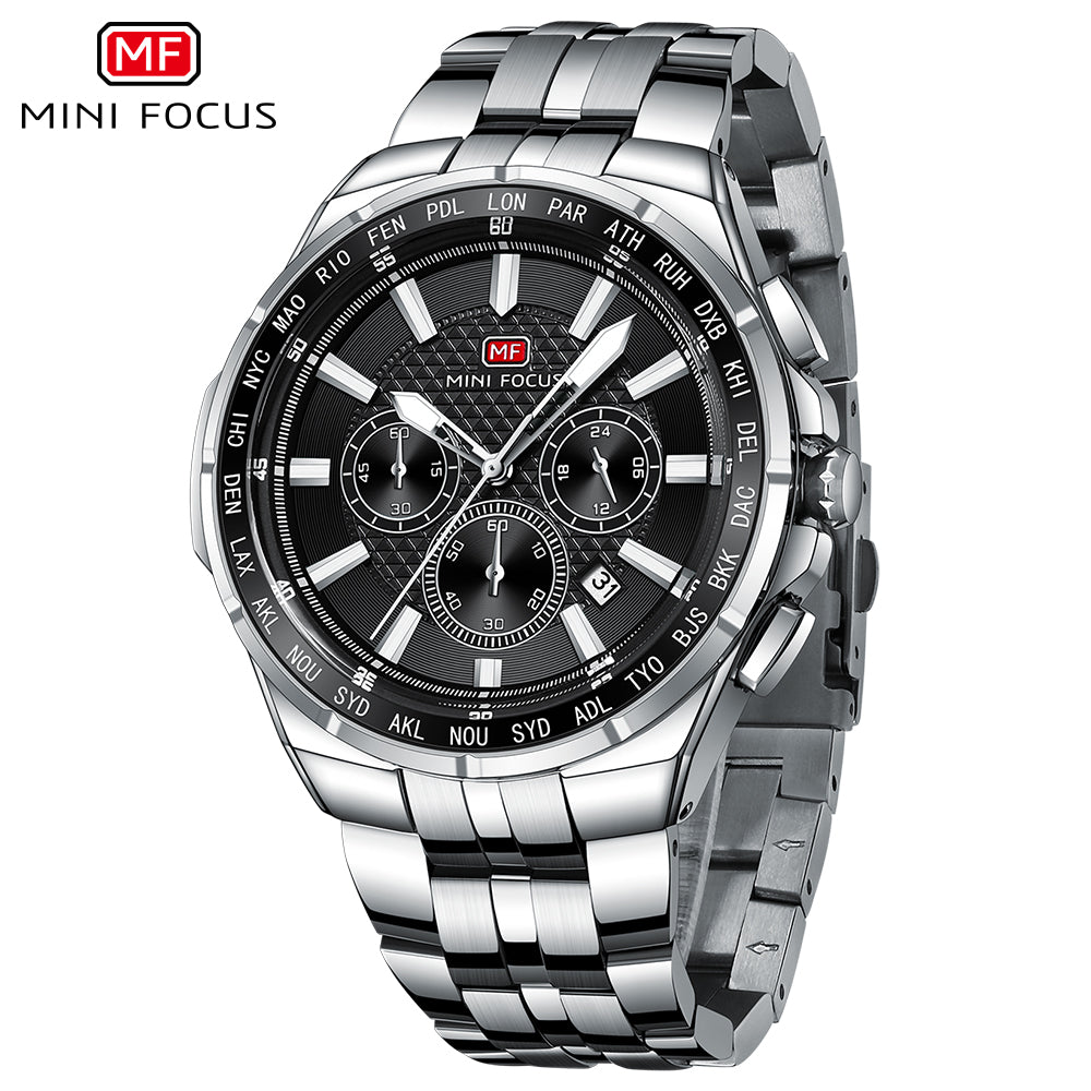 Mini Focus Silver Stainless Steel Black Dial Chronograph Quartz Watch for Gents - MF0613G-01