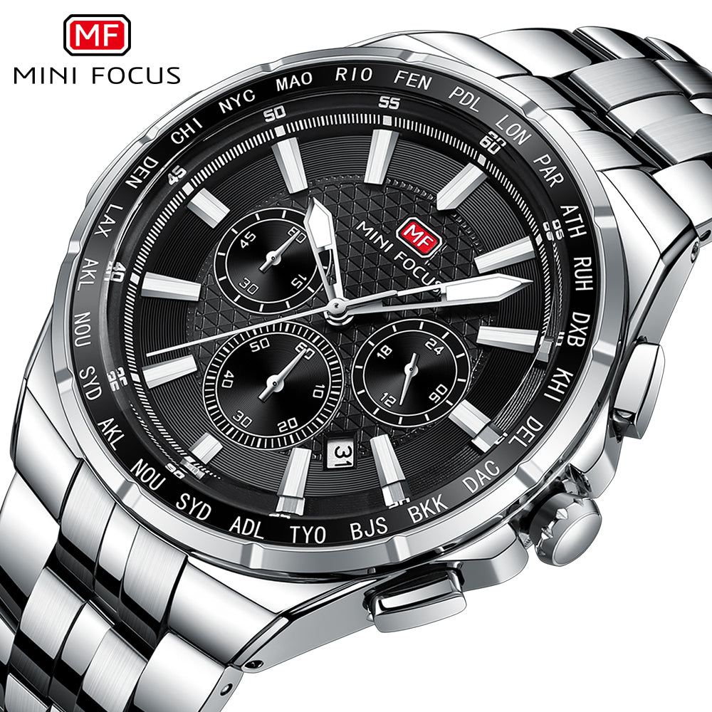 Mini Focus Silver Stainless Steel Black Dial Chronograph Quartz Watch for Gents - MF0613G-01