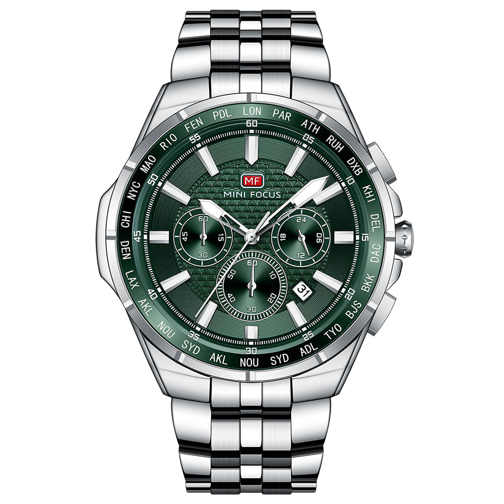 Mini Focus Silver Stainless Steel Green Dial Chronograph Quartz Watch for Gents - MF0613G-02