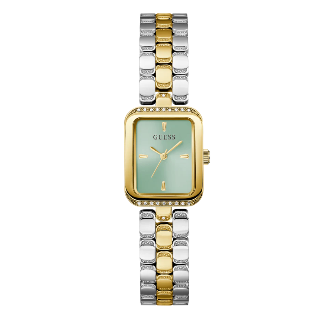 ساعة Guess ثنائية اللون من الفولاذ المقاوم للصدأ، مينا أخضر، كوارتز، للنساء - GW0865L4