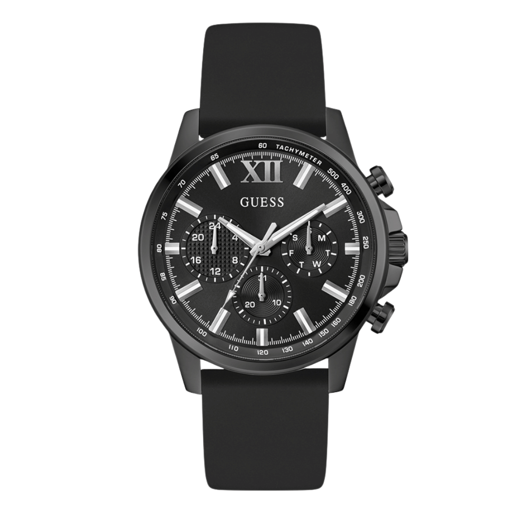 ساعة Guess رجالية كوارتز بسوار سيليكون أسود ومينا أسود - GW0913G3