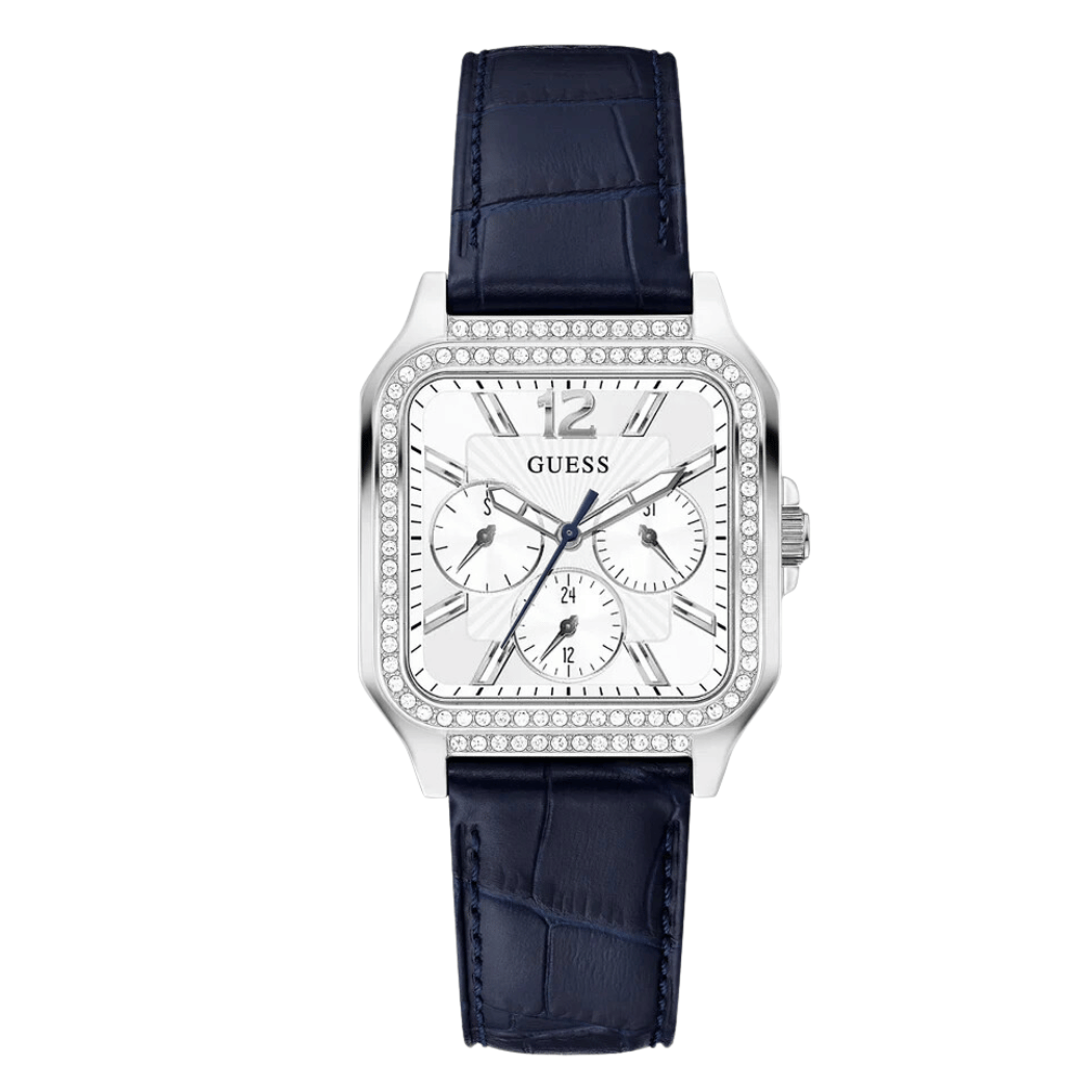 ساعة Guess النسائية ذات سوار جلدي أزرق ومينا أبيض وحركة كوارتز - GW0309L1
