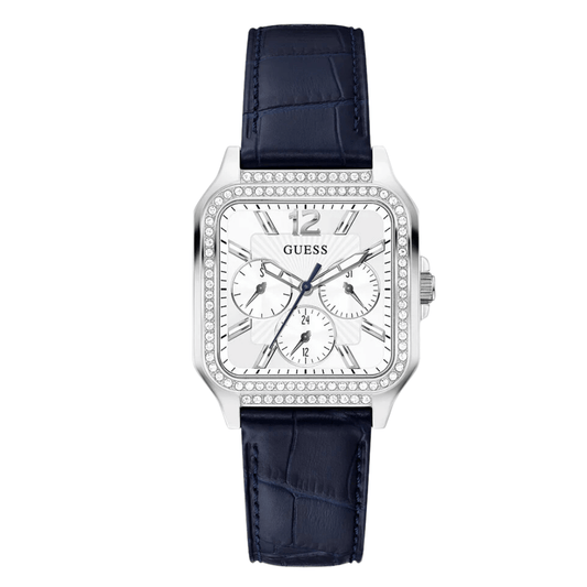 ساعة Guess النسائية ذات سوار جلدي أزرق ومينا أبيض وحركة كوارتز - GW0309L1