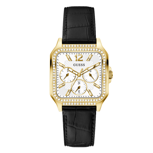ساعة Guess النسائية ذات سوار جلدي أسود ومينا أبيض وحركة كوارتز - GW0309L2
