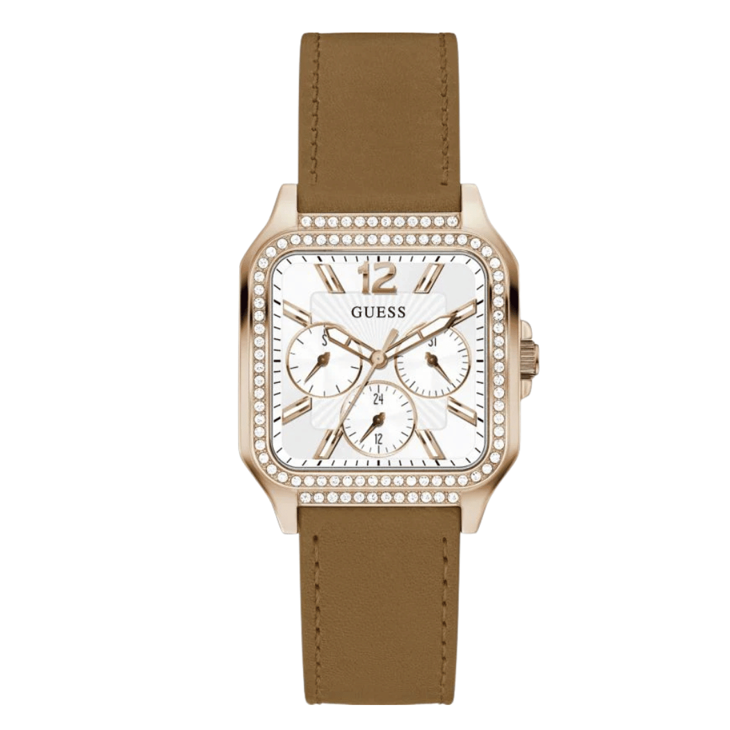 ساعة Guess النسائية ذات سوار جلدي بني ومينا أبيض وحركة كوارتز - GW0309L3