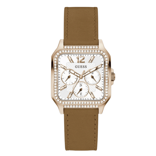 ساعة Guess النسائية ذات سوار جلدي بني ومينا أبيض وحركة كوارتز - GW0309L3