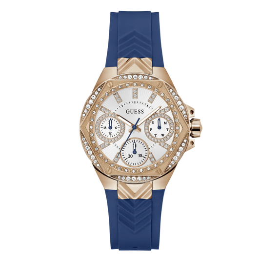 ساعة Guess النسائية ذات سوار سيليكون أزرق ومينا أبيض وحركة كوارتز - GW0774l3