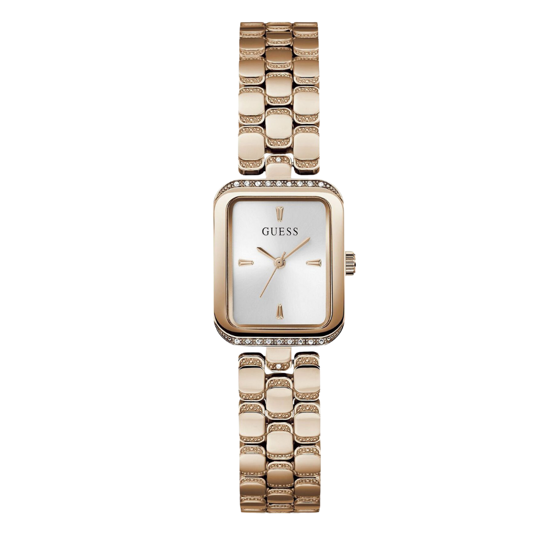 ساعة Guess النسائية كوارتز، مصنوعة من الفولاذ المقاوم للصدأ بلون ذهبي وردي ومينا فضي - GW0865L3