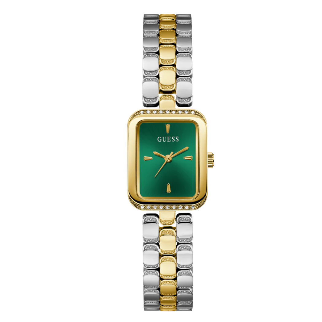 ساعة Guess كوارتز ثنائية اللون من الفولاذ المقاوم للصدأ بمينا أخضر للنساء - GW0865L6