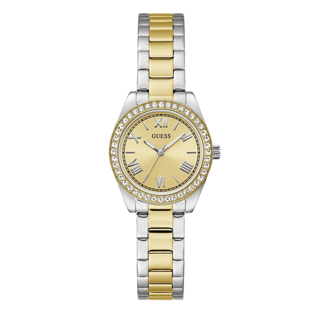 ساعة Guess كوارتز ثنائية اللون من الفولاذ المقاوم للصدأ، مينا ذهبي أصفر، للنساء - GW0841L2