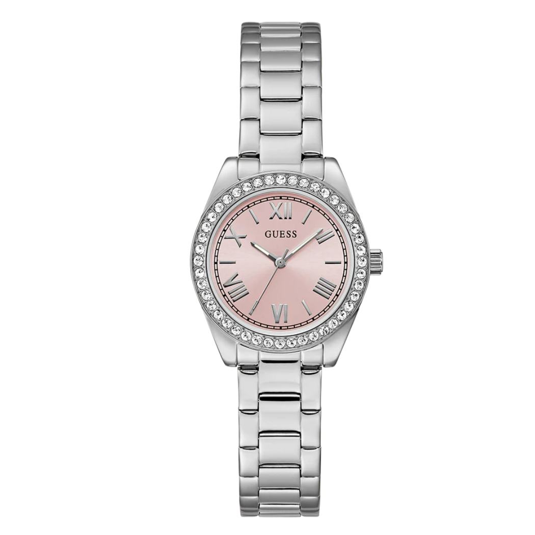 ساعة Guess فضية اللون من الفولاذ المقاوم للصدأ، مينا وردي، كوارتز، للنساء - GW0841L4