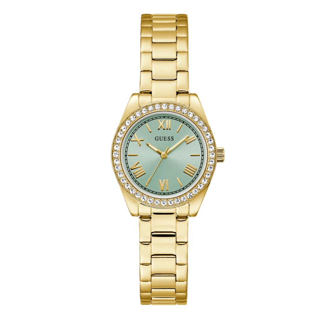 ساعة Guess ذهبية اللون من الفولاذ المقاوم للصدأ، مينا أخضر، كوارتز، للنساء - GW0841L5