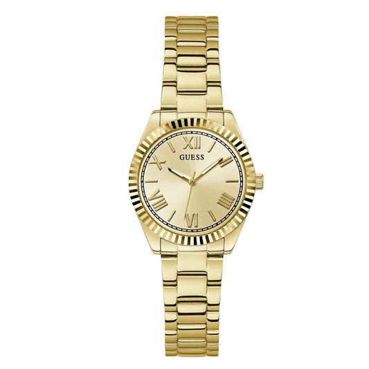 ساعة Guess Gold المصنوعة من الفولاذ المقاوم للصدأ، ذات مينا ذهبي، تعمل بنظام الكوارتز، للنساء - GW0687L2