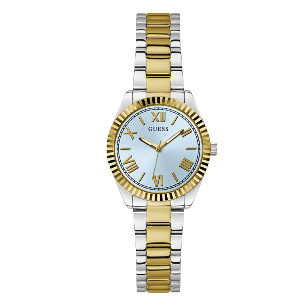 ساعة Guess ثنائية اللون من الفولاذ المقاوم للصدأ، مينا أزرق فاتح، كوارتز، للنساء - GW0687L4