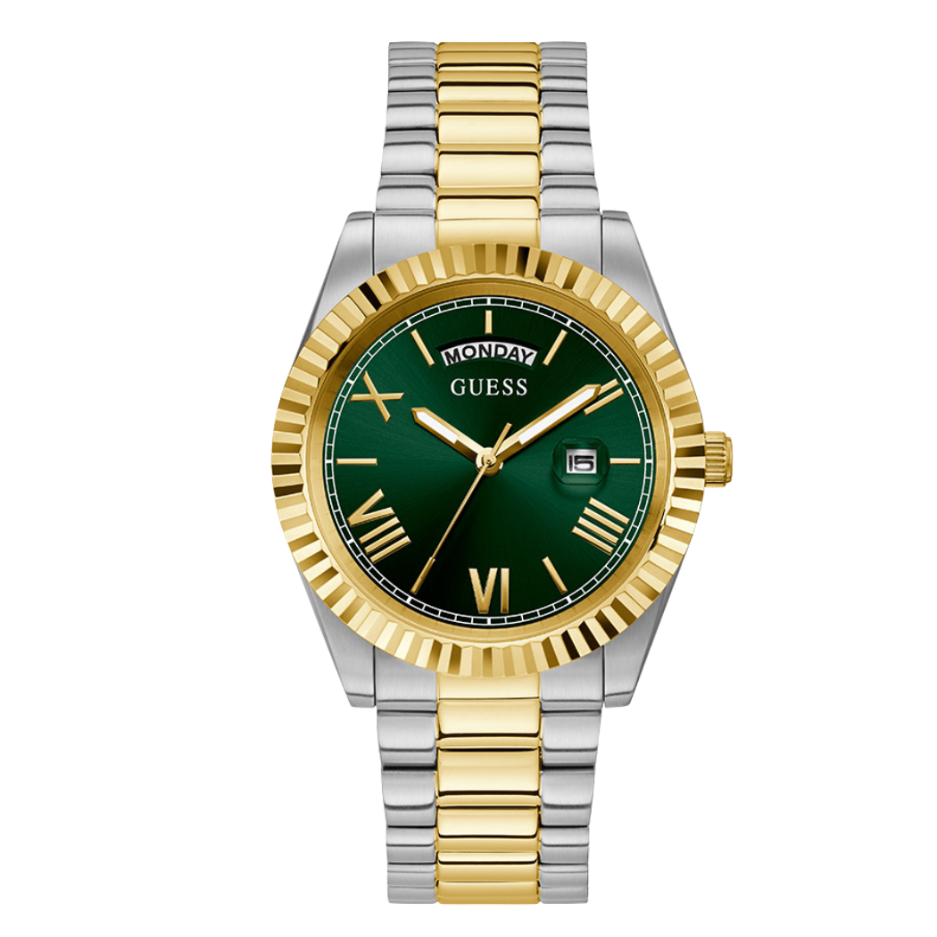 ساعة Guess ثنائية اللون من الفولاذ المقاوم للصدأ، مينا أخضر، كوارتز للرجال - GW0265G8