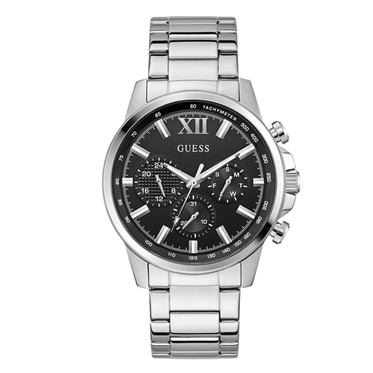 ساعة Guess كرونوغراف كوارتز فضية اللون من الفولاذ المقاوم للصدأ، مينا أسود، للرجال - GW0900G1