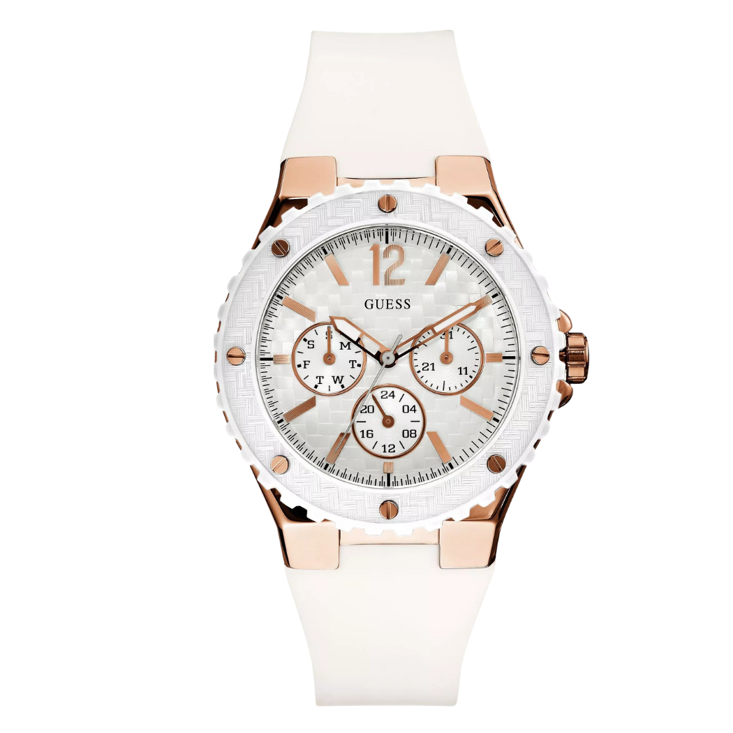 ساعة Guess النسائية ذات سوار سيليكون أبيض ومينا أبيض وساعة كرونوغراف كوارتز - W10614L2