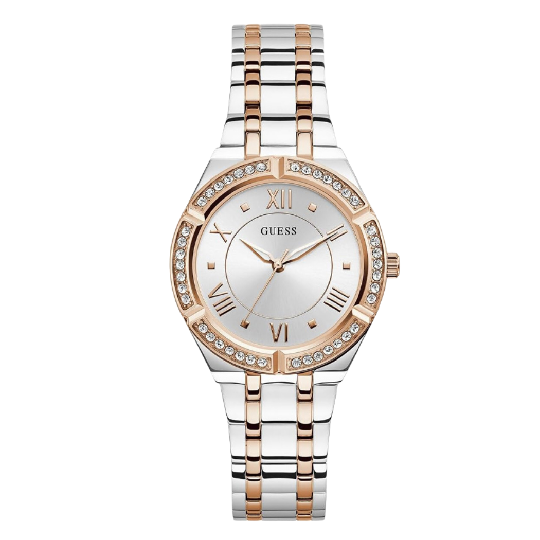 ساعة Guess كوارتز ثنائية اللون من الفولاذ المقاوم للصدأ، مينا فضي، للنساء - GW0033L9