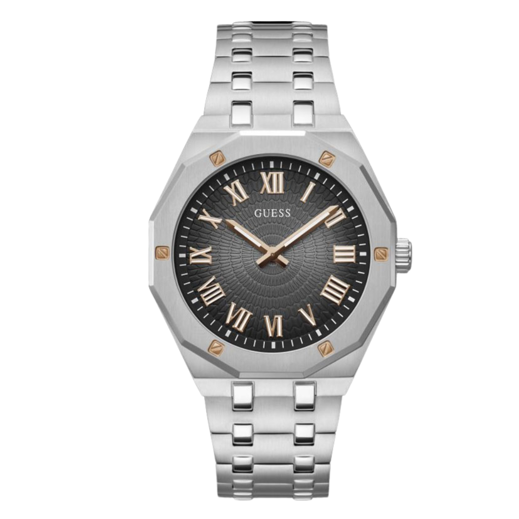 ساعة Guess فضية اللون من الفولاذ المقاوم للصدأ، مينا أسود، كوارتز للرجال - GW0575G1