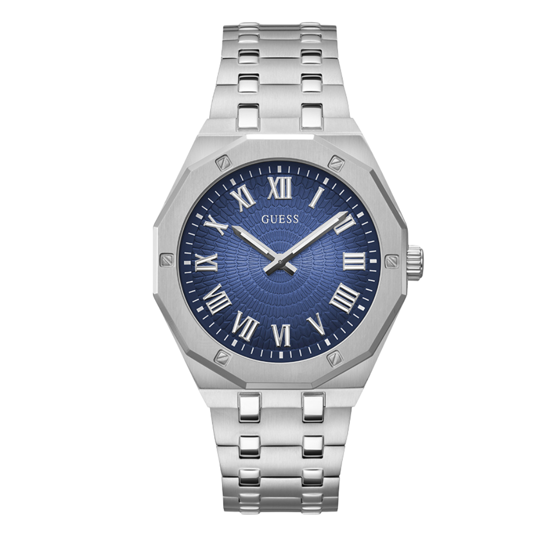 ساعة Guess فضية من الفولاذ المقاوم للصدأ، مينا أزرق، كوارتز للرجال - GW0575G4
