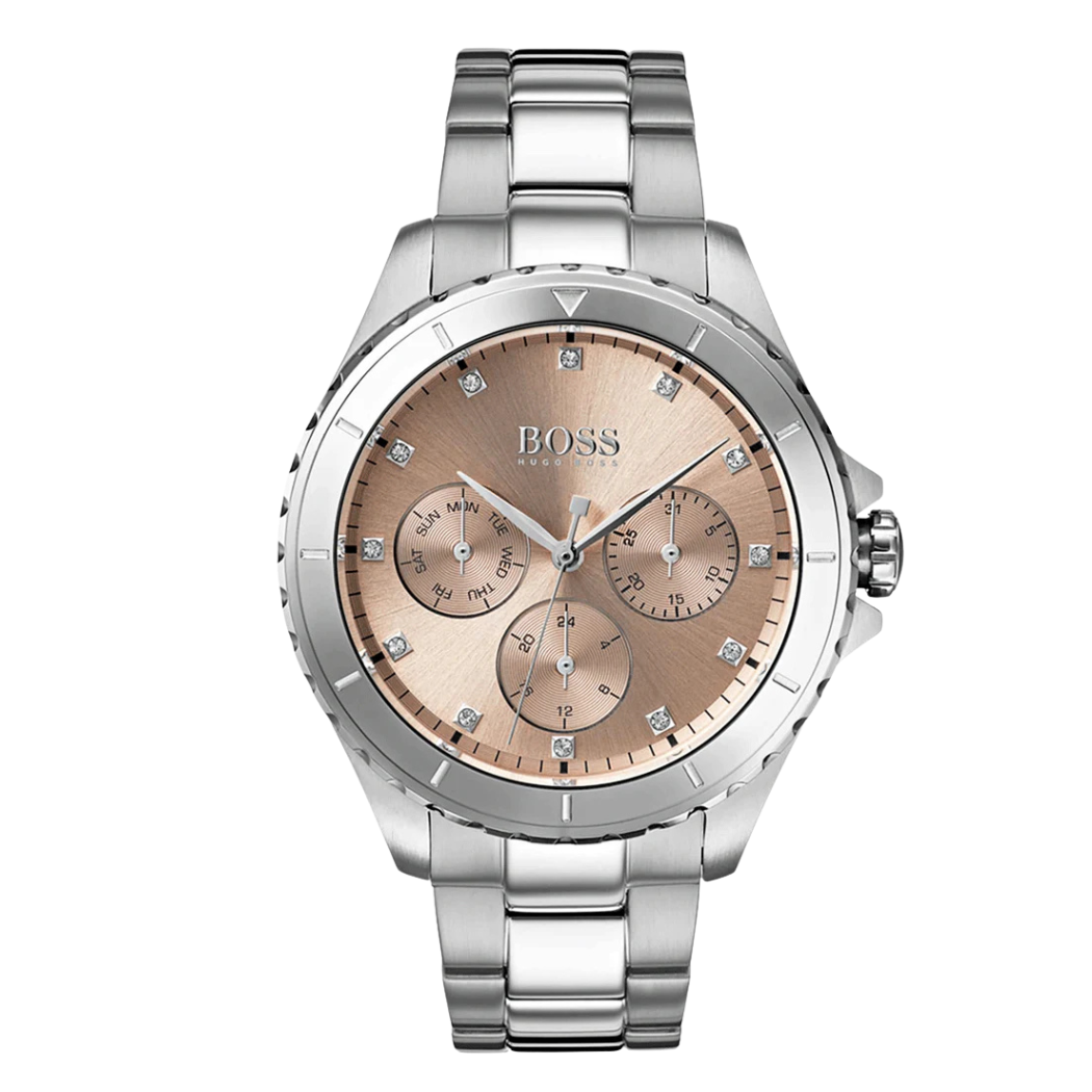 Hugo Boss Premiere Silver Stainless Steel Gold Dial Quartz Watch for Ladies - 1502444