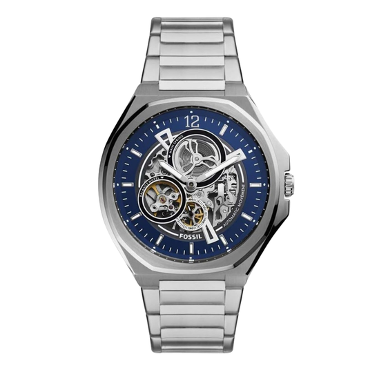 ساعة فوسيل فضية من الفولاذ المقاوم للصدأ، مينا أزرق، أوتوماتيكية للرجال - BQ2620