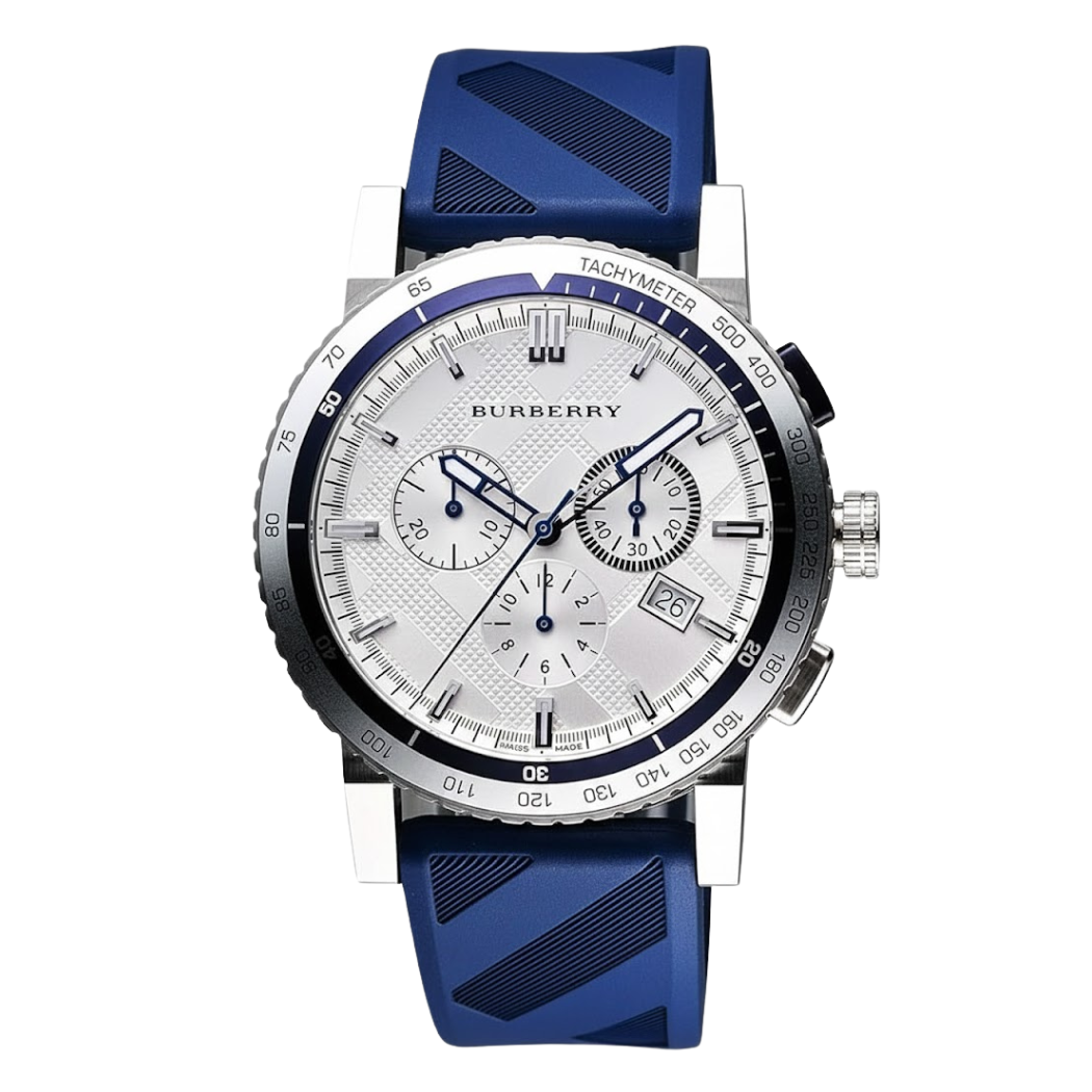Burberry Blue Silicone Strap White Dial Chronograph Quartz Watch for Gents - BU9808