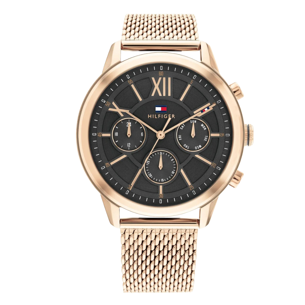 Tommy Hilfiger Rose Gold Mesh Bracelet Black Dial Chronograph Quartz Watch for Gents - Tommy Hilfiger 1710525