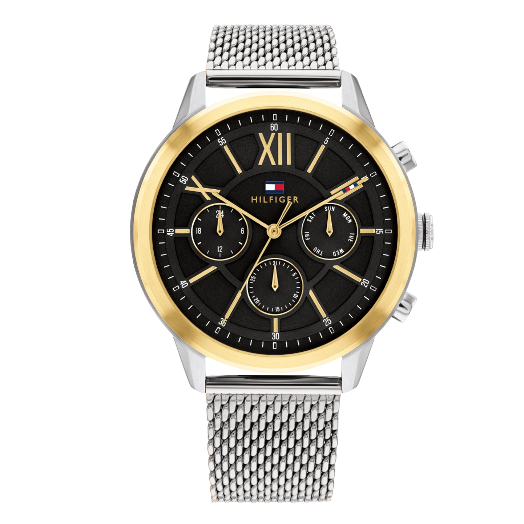 Tommy Hilfiger Silver Mesh Bracelet Black Dial Chronograph Quartz Watch for Gents - Tommy Hilfiger 1710528