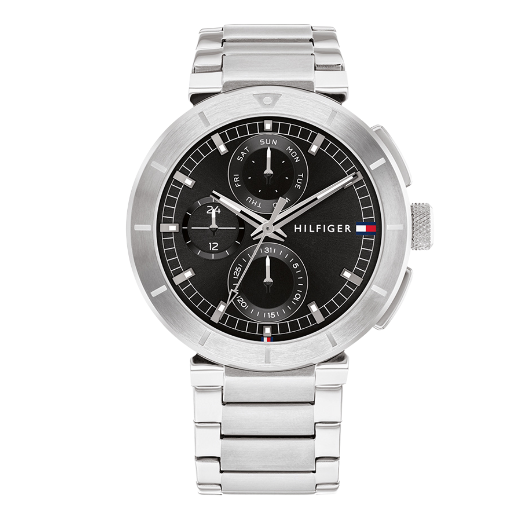Tommy Hilfiger Silver Stainless Steel Black Dial Chronograph Quartz Watch for Gents - Tommy Hilfiger 1792116