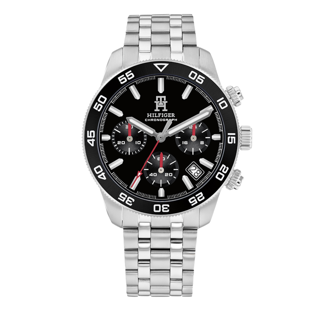 Tommy Hilfiger Silver Stainless Steel Black Dial Chronograph Quartz Watch for Gents - Tommy Hilfiger 1792156