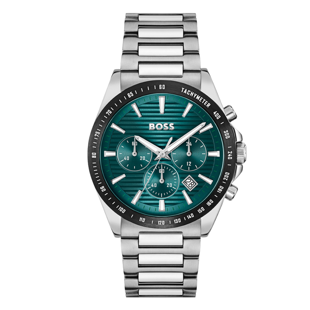 Hugo Boss Silver Stainless Steel Green Dial Chronograph Quartz Watch for Gents - Hugo Boss 1514241