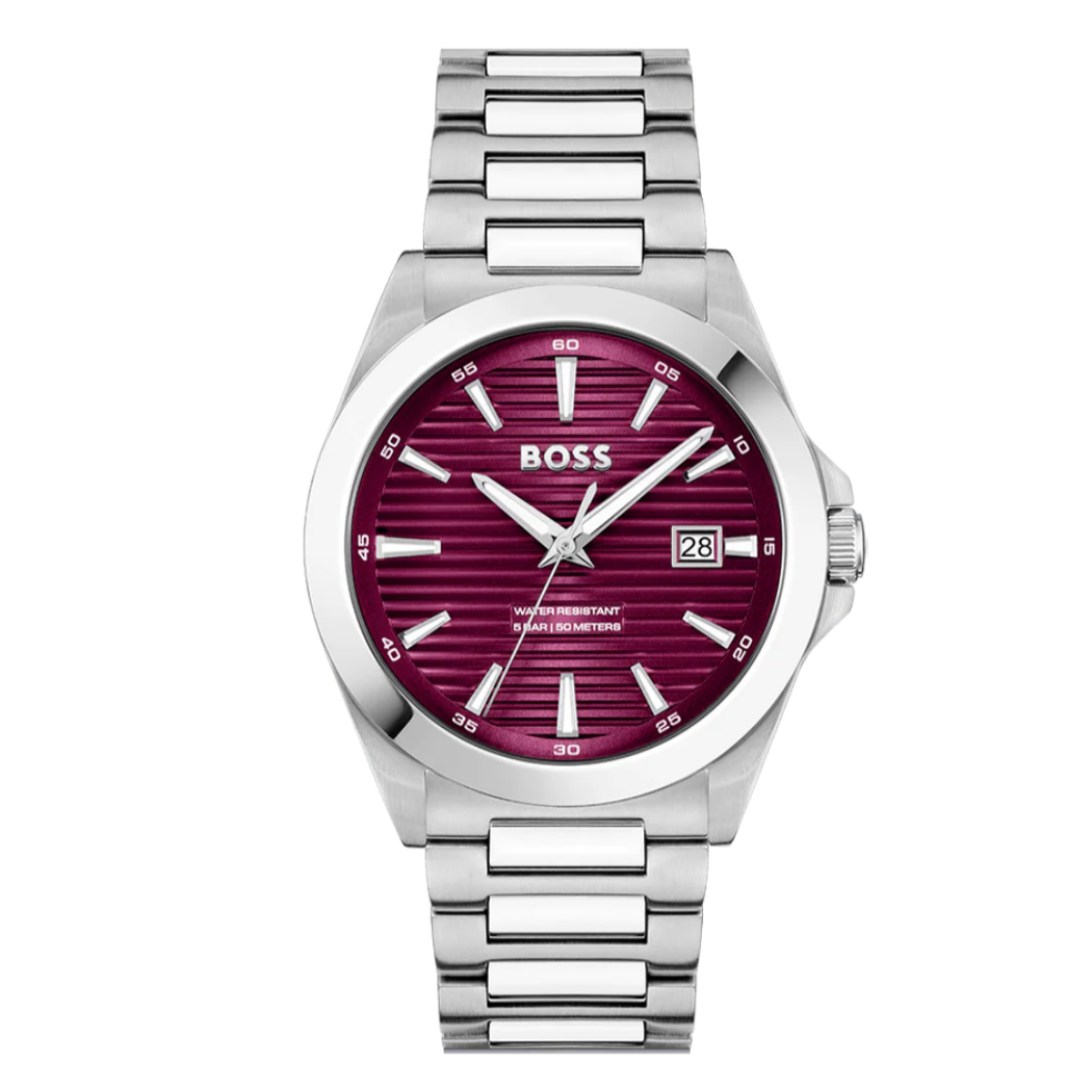 Hugo Boss Silver Stainless Steel Red Dial Quartz Watch for Gents - Hugo Boss 1514174