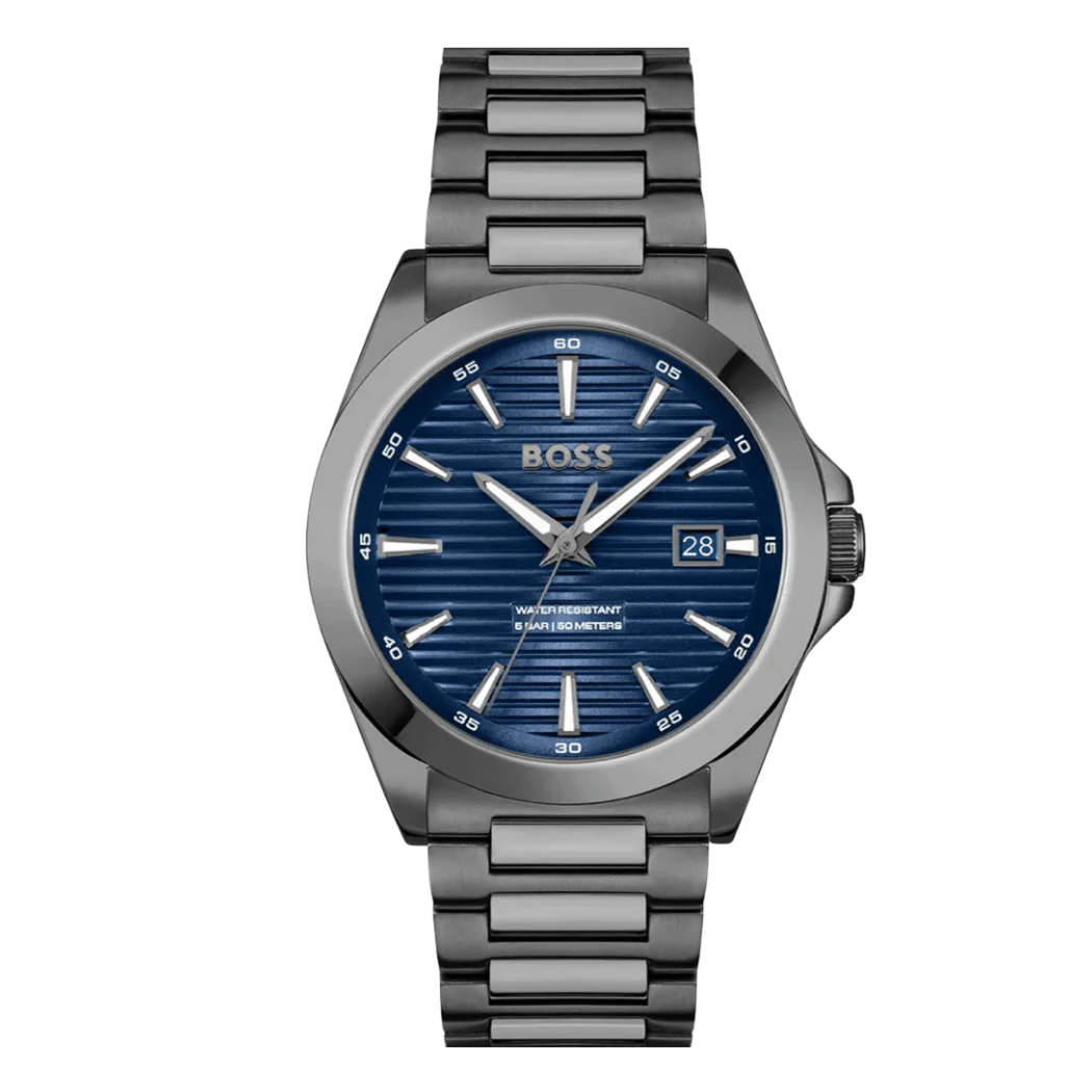 Hugo Boss Grey Stainless Steel Blue Dial Quartz Watch for Gents - Hugo Boss 1514175