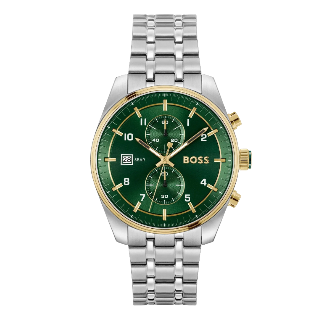 Hugo Boss Silver Stainless Steel Green Dial Chronograph Quartz Watch for Gents - Hugo Boss 1514195