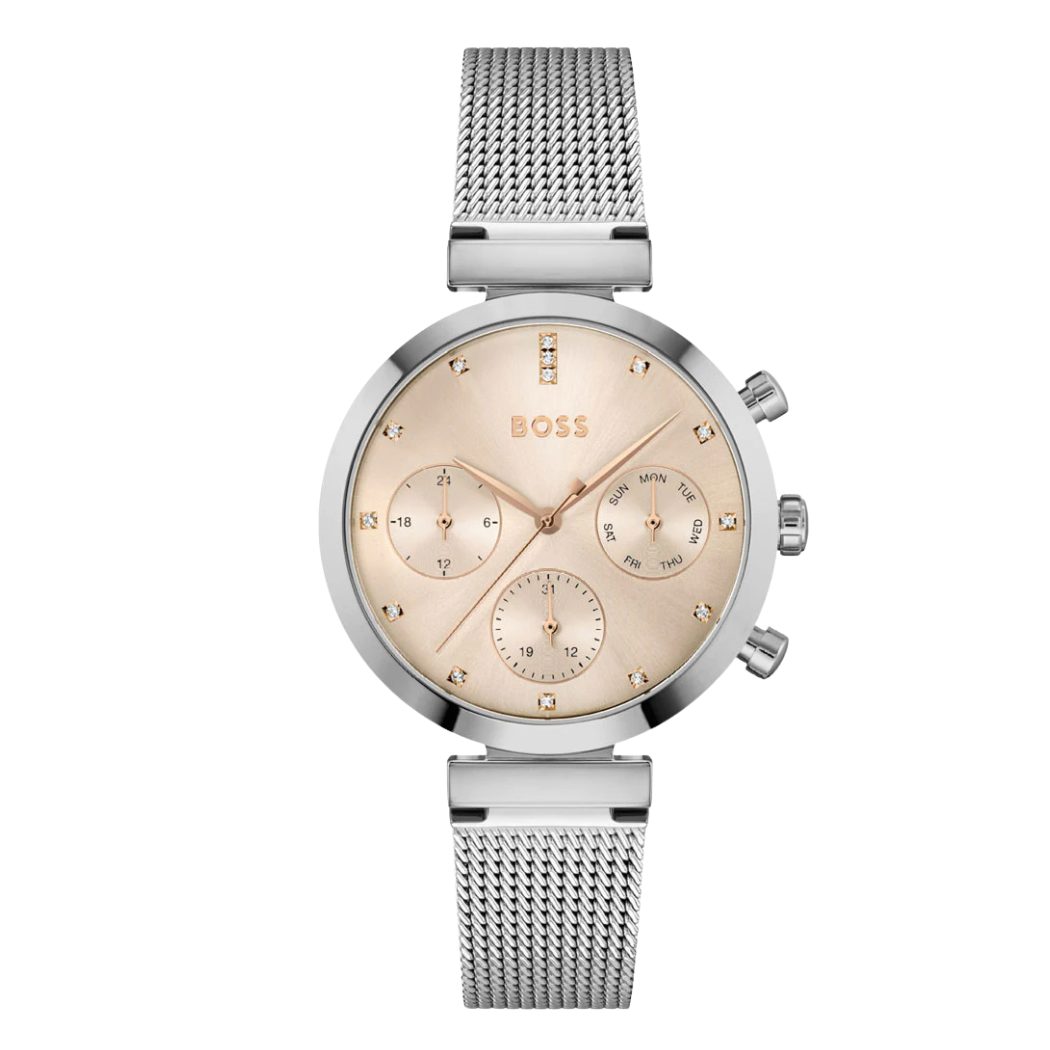 Hugo Boss Silver Mesh Bracelet Pink Dial Chronograph Quartz Watch for Ladies - Hugo Boss 1502625
