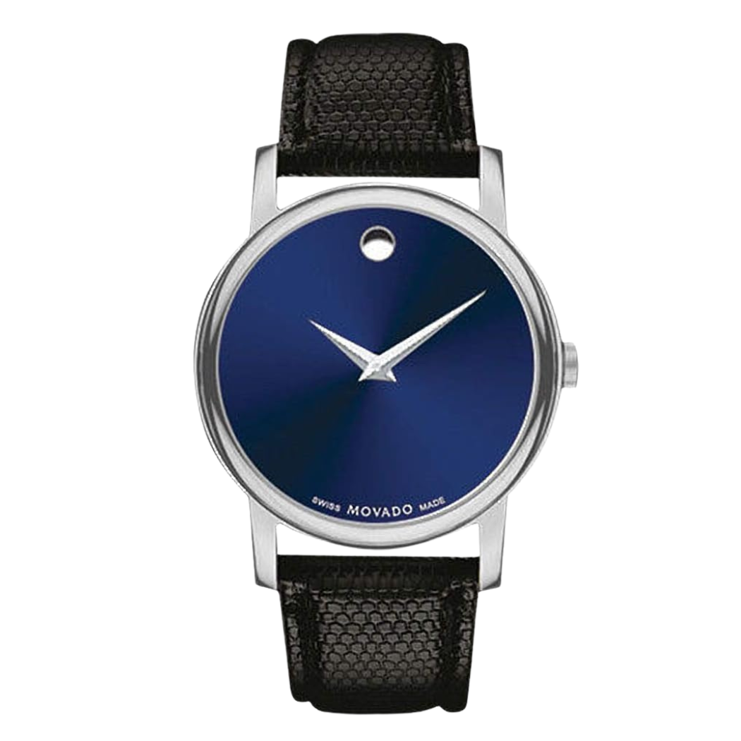 Movado Black Leather Strap Blue Dial Quartz Watch for Gents - Movado 2100009