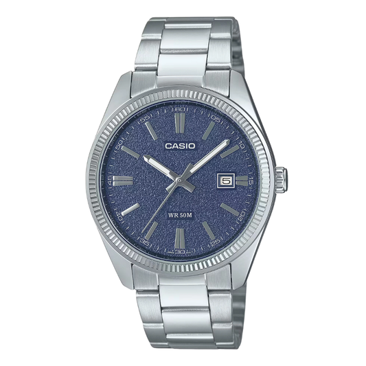 ساعة كاسيو رجالية كوارتز فضية اللون من الفولاذ المقاوم للصدأ، مينا أزرق - CASIO MTP-1302DA-2A1VDF