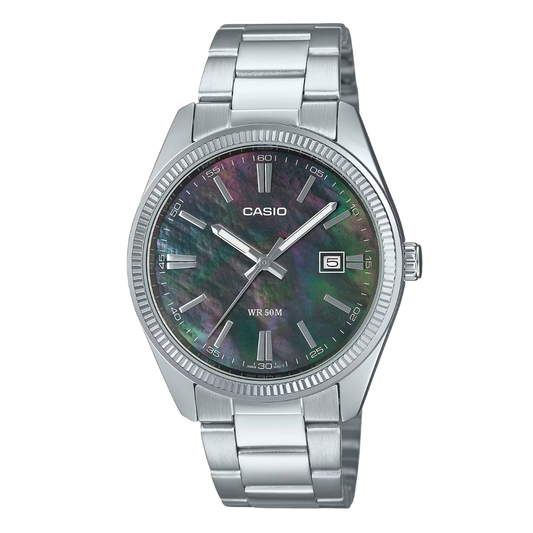 ساعة كاسيو كوارتز رجالية من الفولاذ المقاوم للصدأ الفضي، مينا من عرق اللؤلؤ - CASIO MTP-1302DS-1AVDF