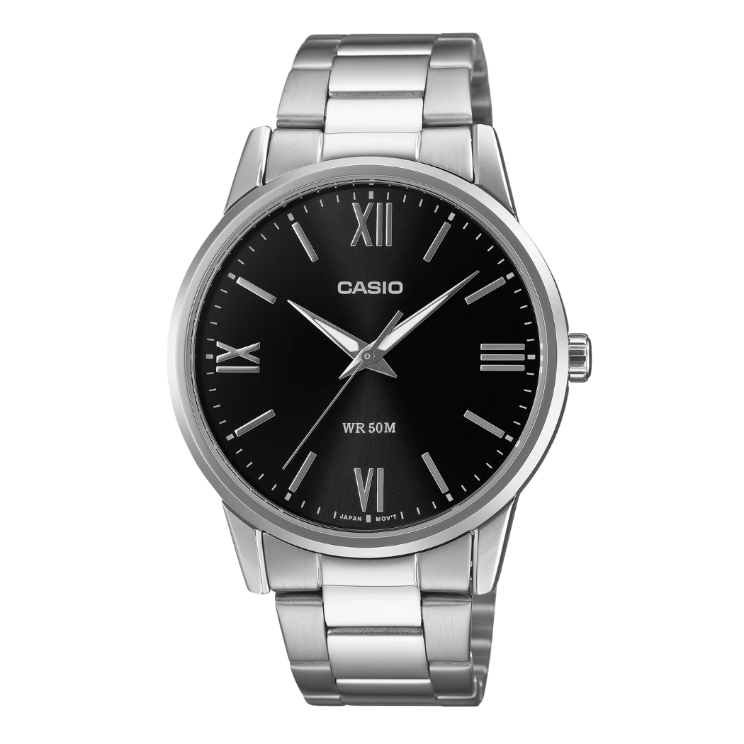 ساعة كاسيو رجالية كوارتز فضية اللون من الفولاذ المقاوم للصدأ، مينا أسود - CASIO MTP-1303DD-1AVDF
