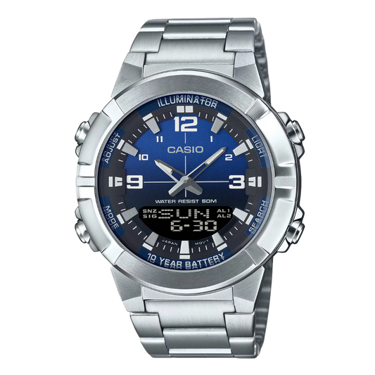 ساعة كاسيو كوارتز فضية اللون من الفولاذ المقاوم للصدأ، مينا أزرق، للرجال - CASIO AE-1600H-8BVDF