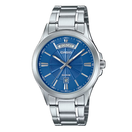 ساعة كاسيو رجالية كوارتز فضية اللون من الفولاذ المقاوم للصدأ، مينا أزرق - CASIO MTD-135D-7AVDF